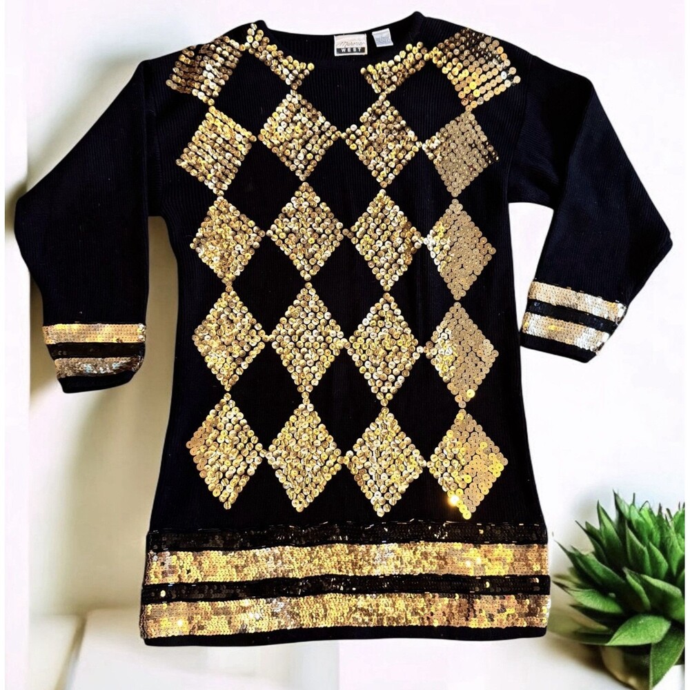 VTG Warnier West Sequin Cable Knit Sweater Dress square Diamond Gold Black Sz L